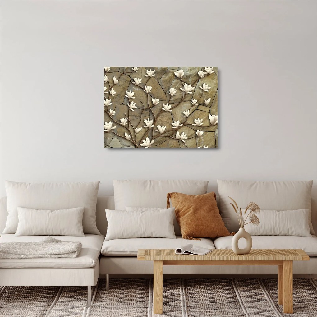 Kép - Fehér magnóliák kőfalazaton (üvegen) (70x50 cm)