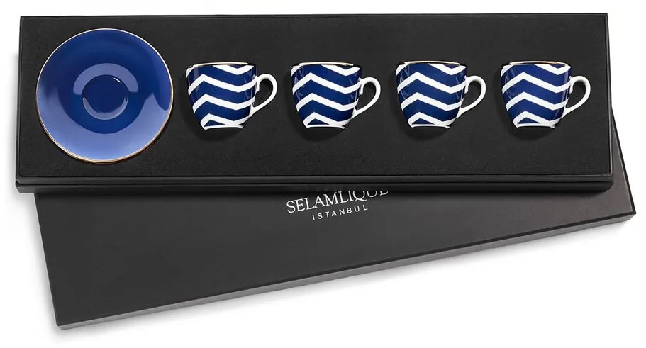 Török kávé szett, 4 csésze csészealjjal, kék hullám - Selamlique