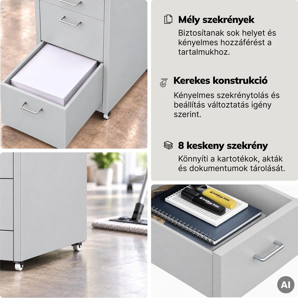 Kartotékszekrény görgőkkel, fém, 8 fiókos, dokumentumokhoz, szürke, 300x1100x600 mm: SARA V8