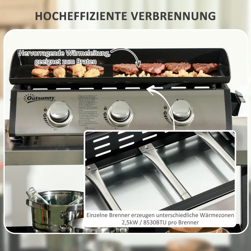 Outsunny gázgrill fedővel, 3 égővel, zsírfelfogó tálca, tapadásmentes felület, fekete/ezüst