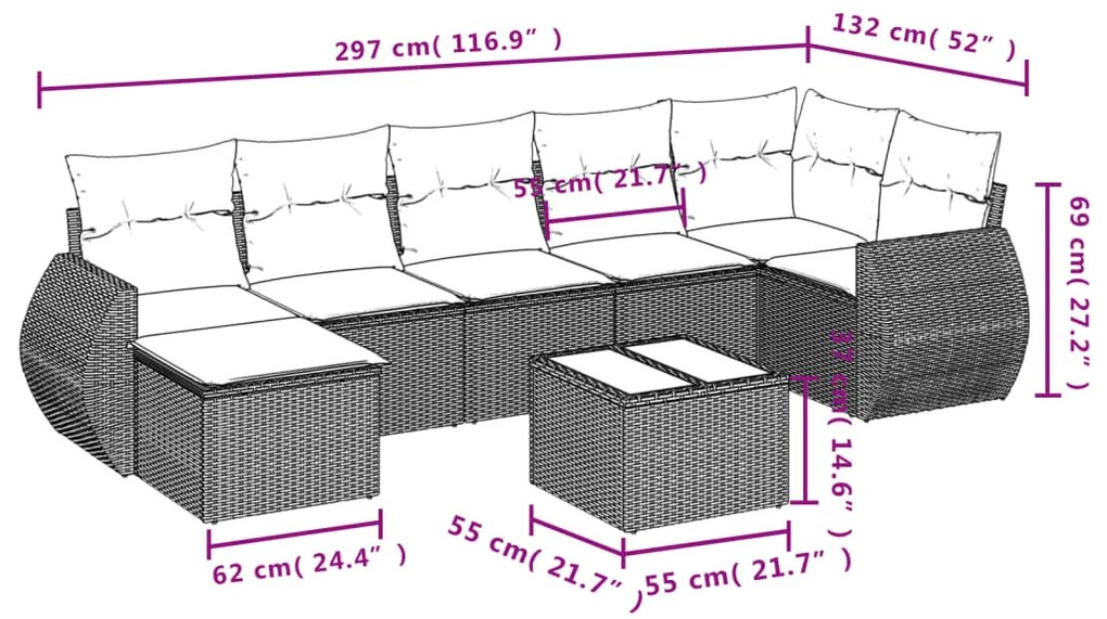 8-részes világosszürke polyrattan kerti ülőgarnitúra párnával