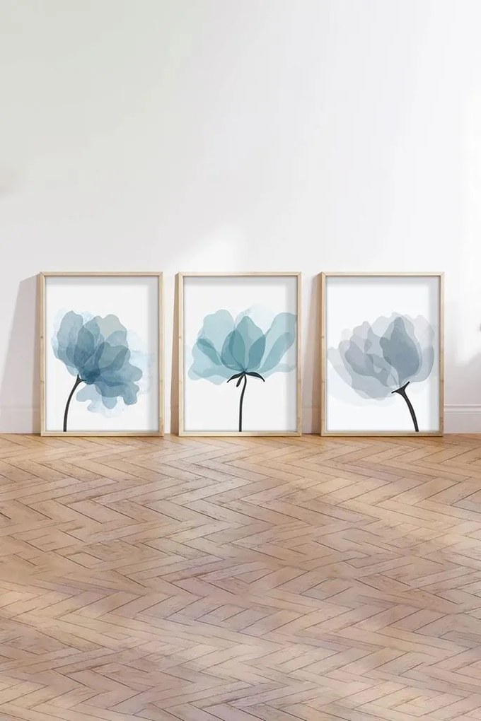 Falikép szett, 3 db, virágok, kék - fekete, 50x70 cm - TRIO