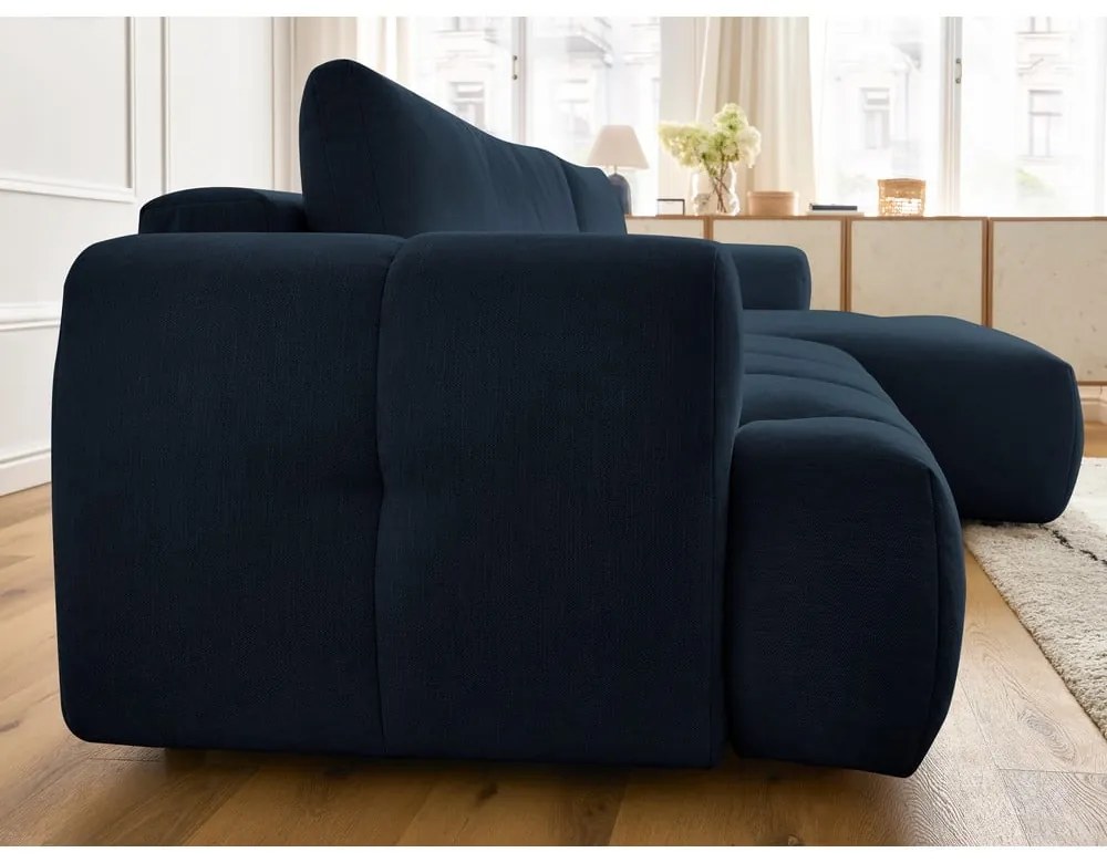 Sötétkék kinyitható-tárolóhelyes sarokkanapé (jobb oldali-heverő résszel) Fuji – Bobochic Paris