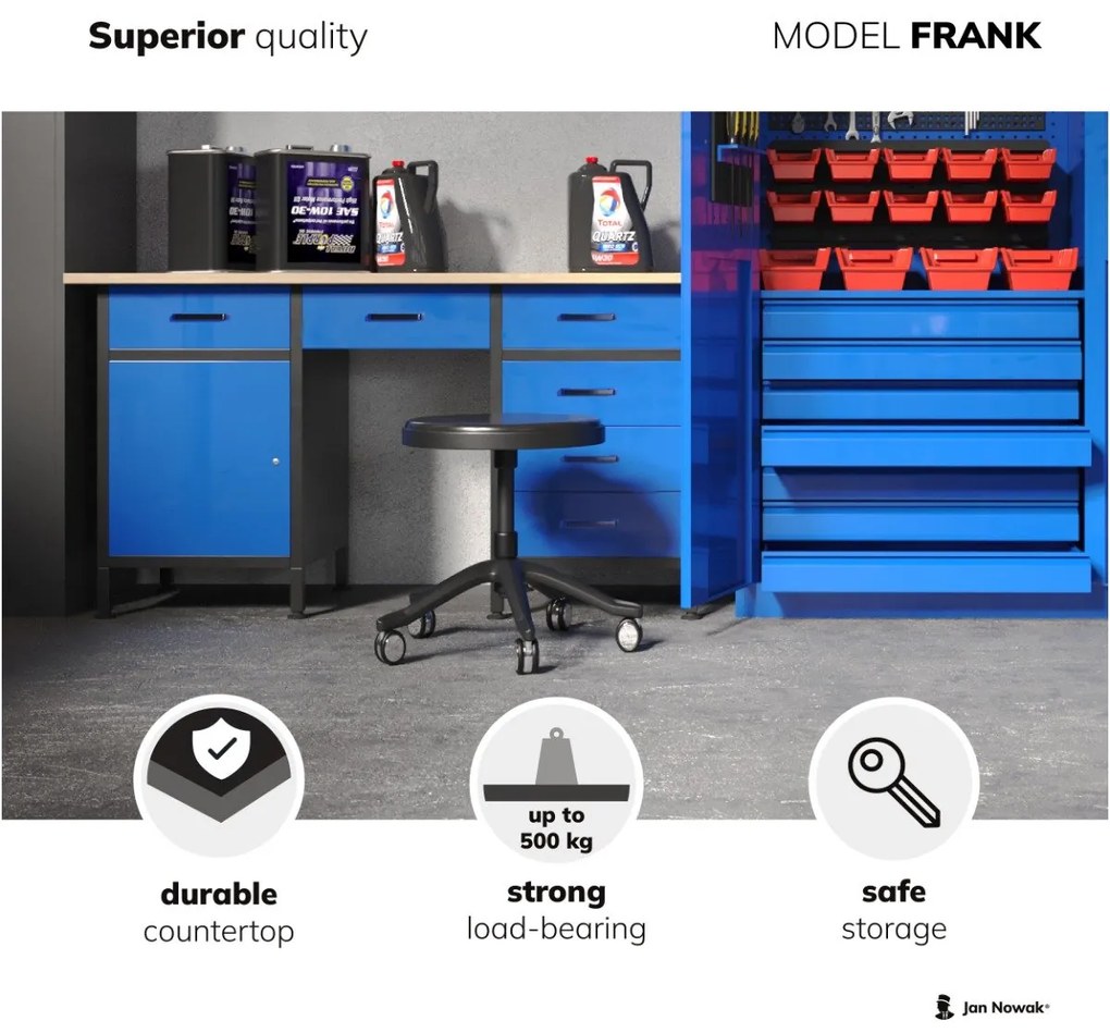 Fiókos műhelyasztal FRANK, 1700 x 850 x 600 mm, antracit-vörös