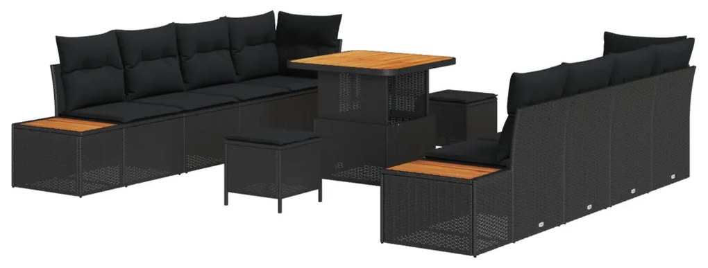 11 darabos kerti kanapé szett párnákkal, fekete poli rattan akácia, 3 darabos kerti étkező szett párnákkal, fekete poli rattan akácia