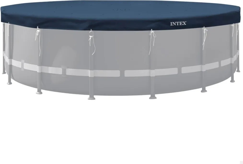 Kerek medencetakaró, Intex Deluxe négyévszakos, csővázas medencéhez, 732 cm átmérő, sötétkék, UV-álló háromrétegű anyag, 20 cm-es túlnyúlással, köteles rögzítéssel (28091)