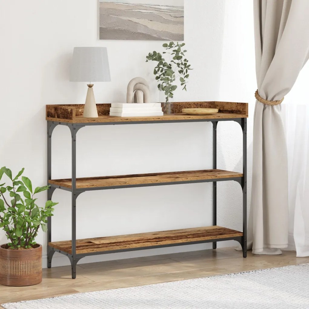 Konzol Asztal Régi Fa 100x30x80 cm Üvegszálas Fa és Acél