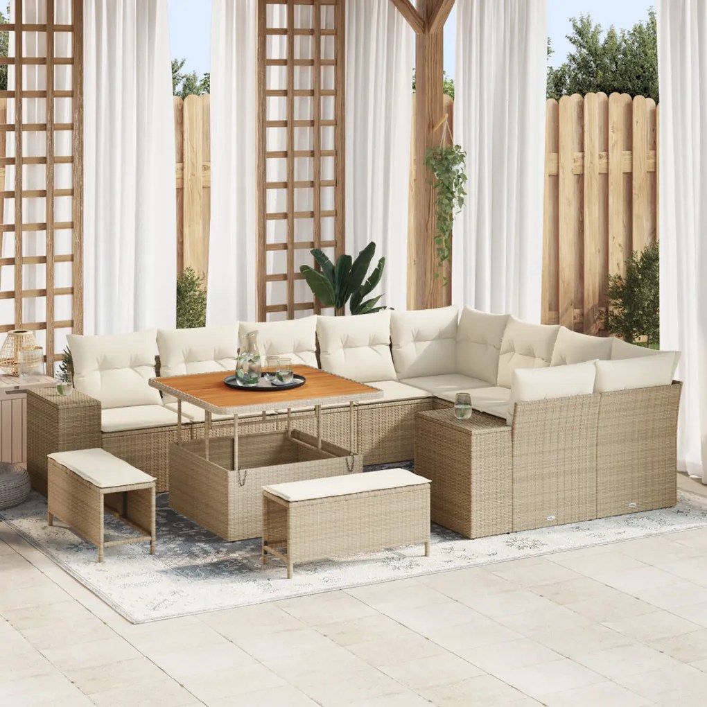 12 darabos kerti kanapé szett párnákkal Bézs Poli Rattan Eucalyptus