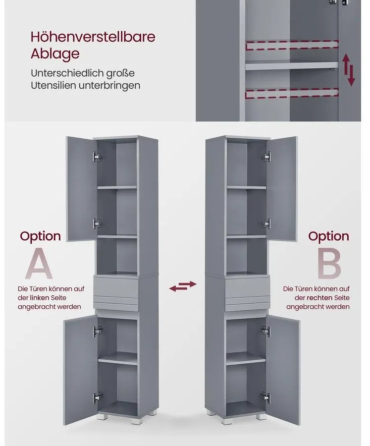 VASAGLE magas fürdőszobai szekrény 30×30×170 cm, misztikus szürke színben