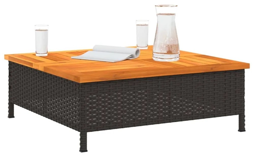 fekete polyrattan és akácfa kerti asztal 70 x 70 x 25 cm