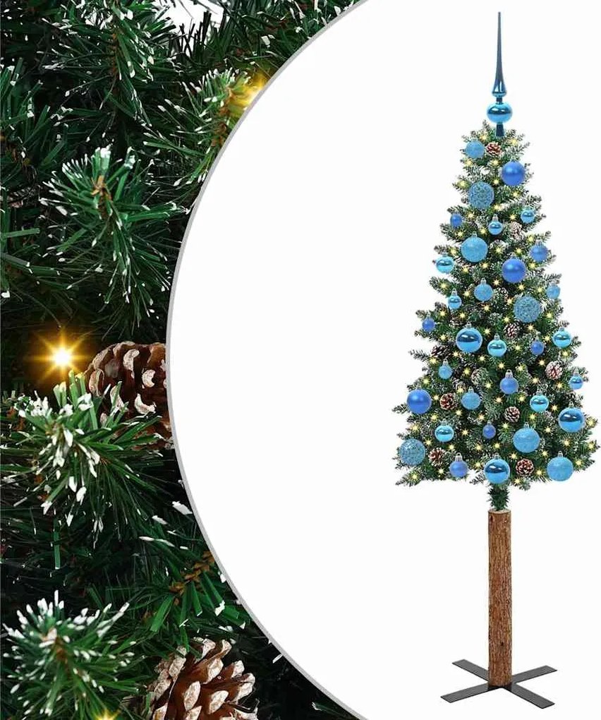 vidaXL Karcsú karácsonyfa 150 LED-del Zöld 150 cm PVC és tömör fenyőfa