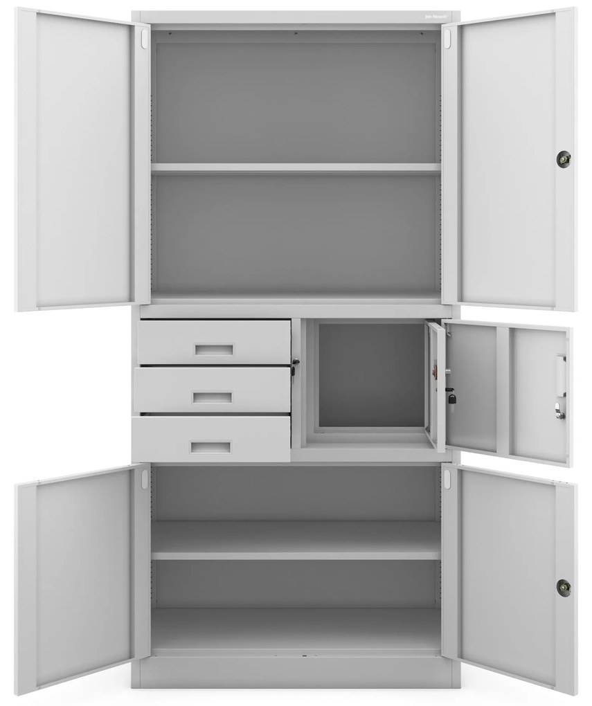 Fém iratszekrény széffel és fiókokkal FILIP II, 900 x 1850 x 400 mm, szürke