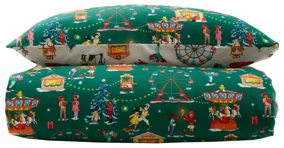 Zöld kétszemélyes pamut gyerek ágyneműhuzat 200x200 cm Christmas Fairground – Belle &amp; Boo