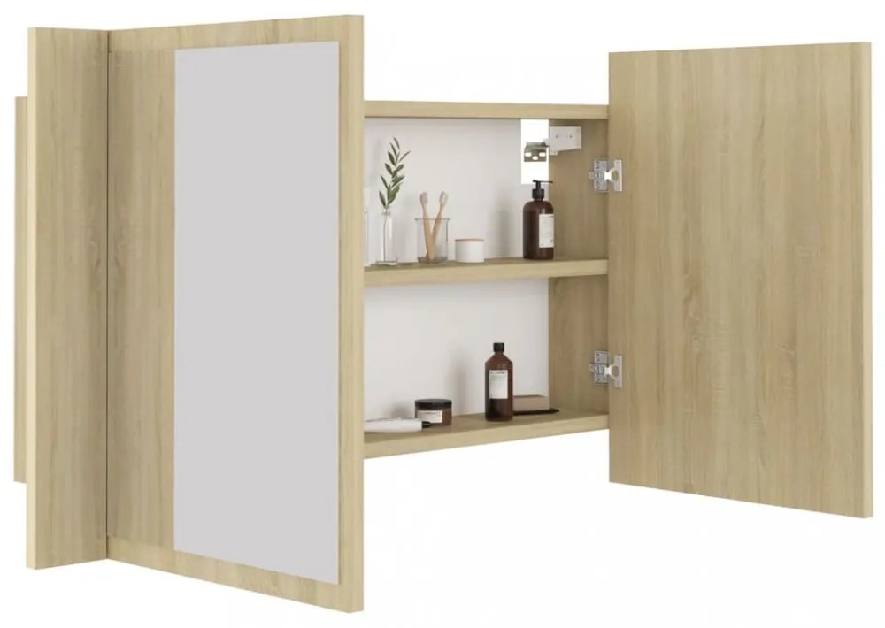tölgyszínű akril LED-es tükrös fürdőszobaszekrény 80x12x45 cm
