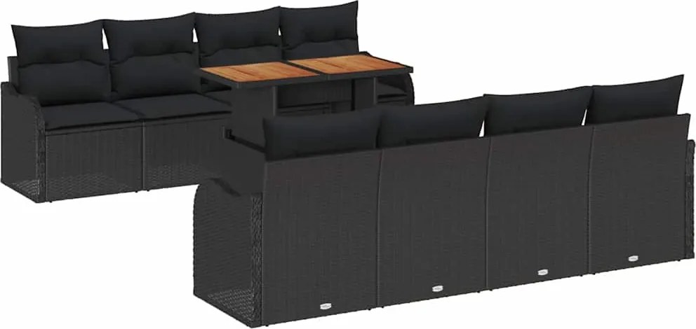 vidaXL Kerti Kanapé Szett tárolóval 9 pcs Fekete Poli rattan