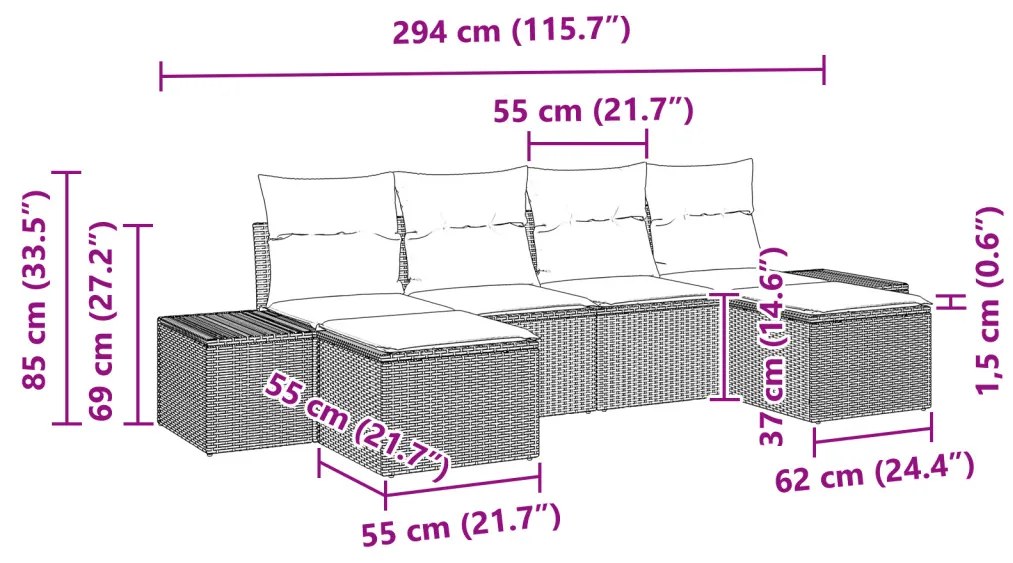 6 darab kert kanapé szett párnákkal fekete poli rattan akácia