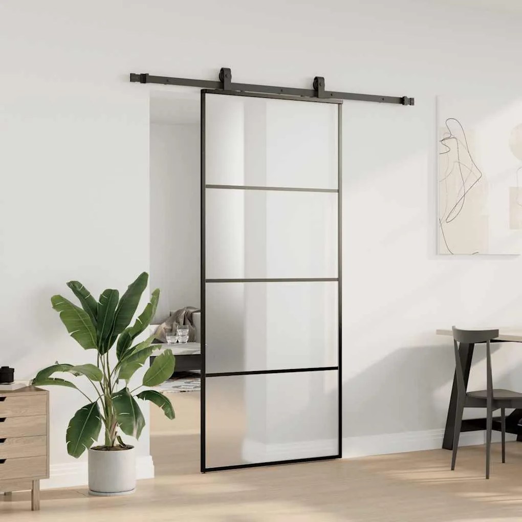 Fekete ESG üveg tolóajtó fémszerelvény-szettel 90x205 cm