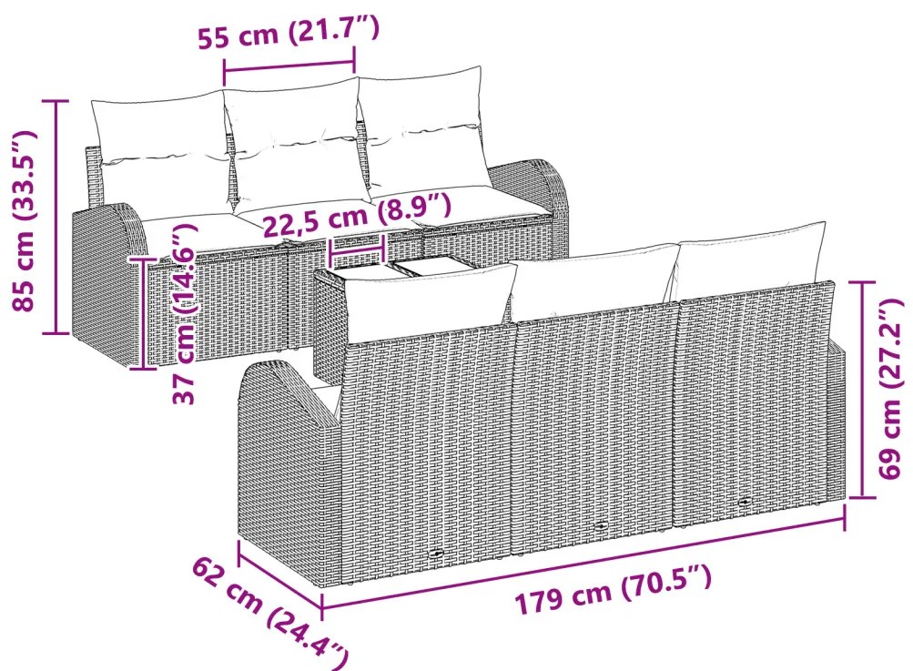 7 részes kerti sofa szett párnákkal, szürke polirattan
