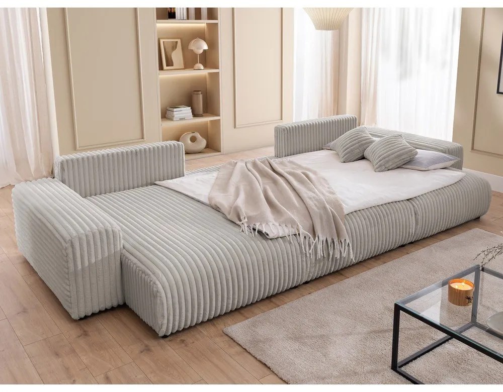 Világosszürke kordbársony kinyitható-tárolóhelyes (U alakú) sarokkanapé Sarina – Ropez