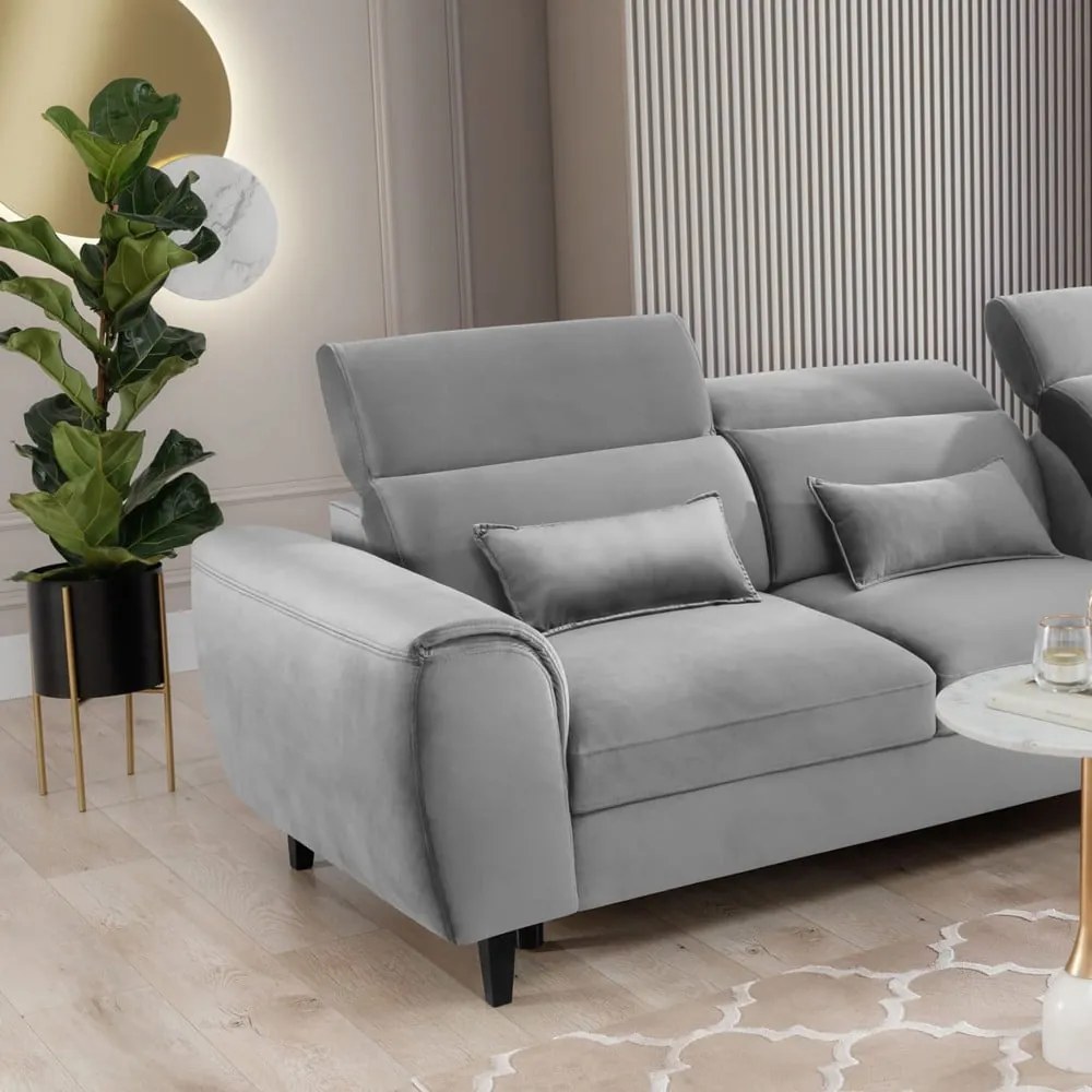 Szürke bársony kinyitható-tárolóhelyes sarokkanapé (jobb oldali-heverő résszel) Foble – ELTAP