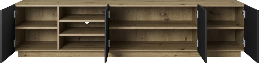 Asha TV-szekrény 200 cm, mart előlapokkal és nyitott résszel - artisan / fekete matt
