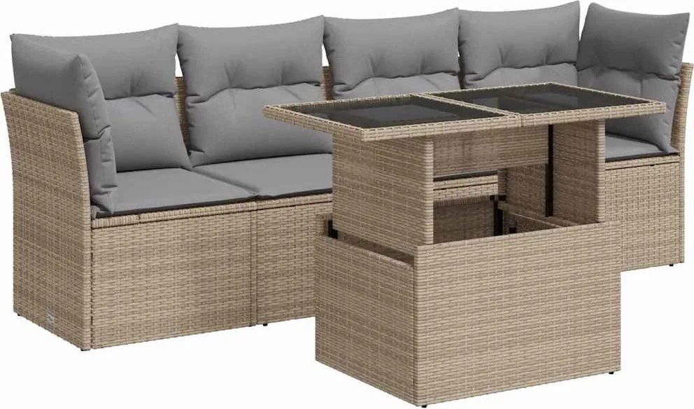 vidaXL 5 részes bézs polyrattan kerti ülőgarnitúra párnákkal