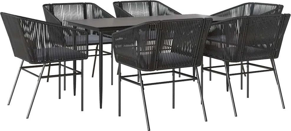 vidaXL 7 részes fekete polyrattan üveg kerti étkezőgarnitúra párnákkal