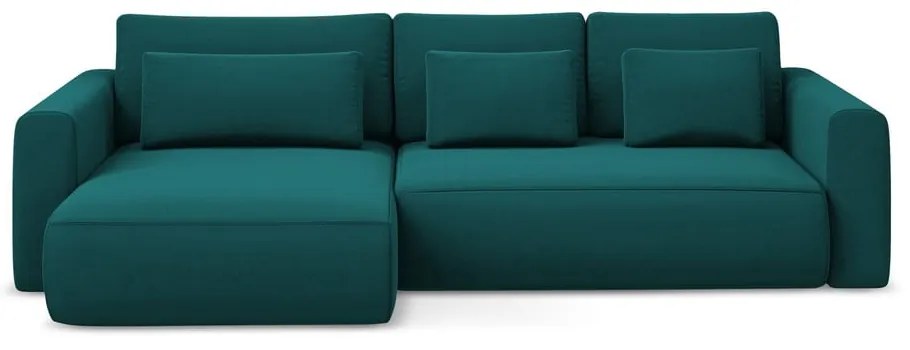 Türkiz bársony kinyitható-tárolóhelyes sarokkanapé (bal oldali-heverő résszel) Kapua – Makamii