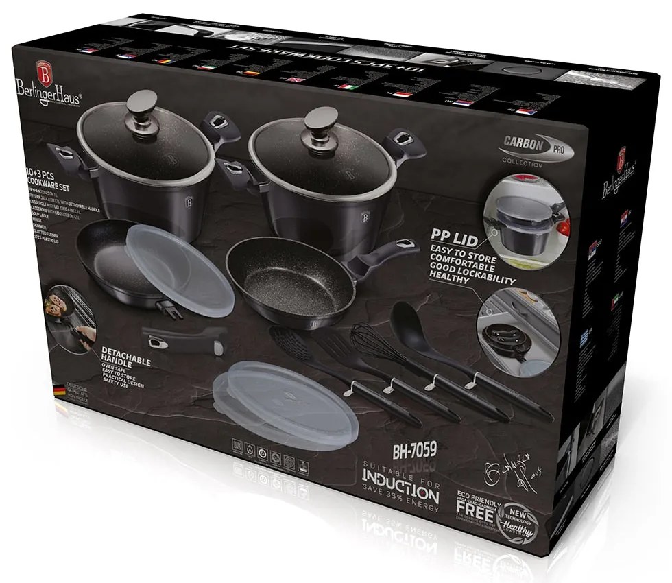13 részes indukciós edénykészlet konyhai eszközökkel szürke Berlinger Haus Metallic Line Carbon Edition