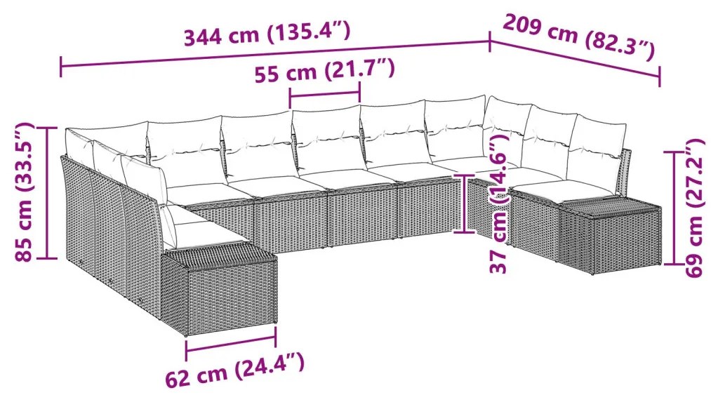 10 részes kerti kanapé szett párnákkal, világosszürke, poli rattan
