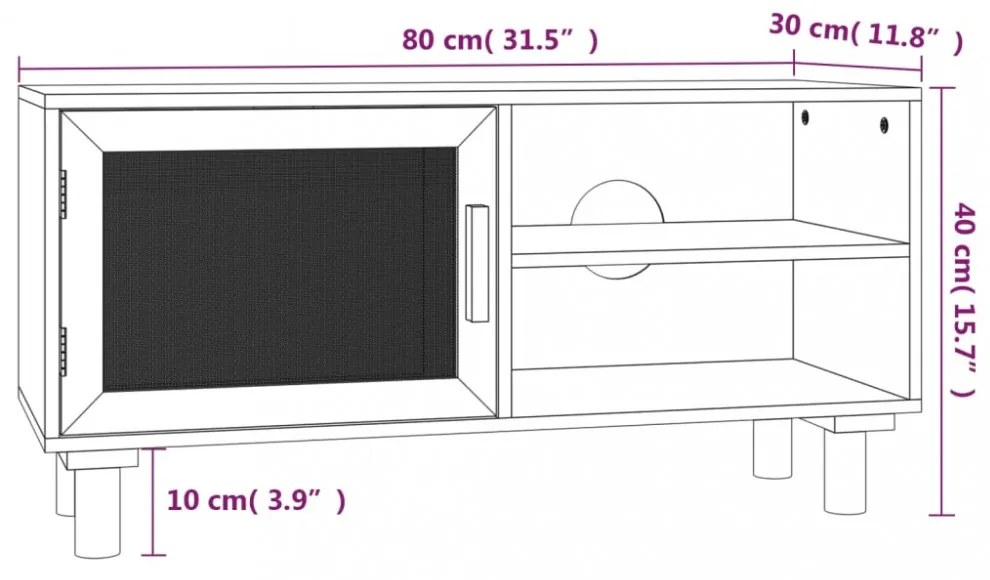 fehér tömör fenyő és természetes rattan TV-szekrény 80x30x40 cm