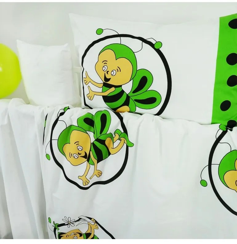 EMI zöld-fehér méhecskés pamut gyermek ágyneműhuzat, Gyerekgarnitúra 90x130 + 45x65