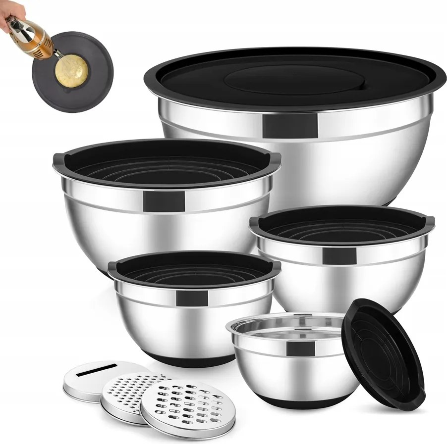 Konyhai Tál Szett Rozsdamentes, Csúszásgátló Fedéllel 5 db-os