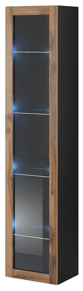 Vitrin 180 üveg Zylia (fekete + wotan tölgy)  (fehér LED világítás). 1060030