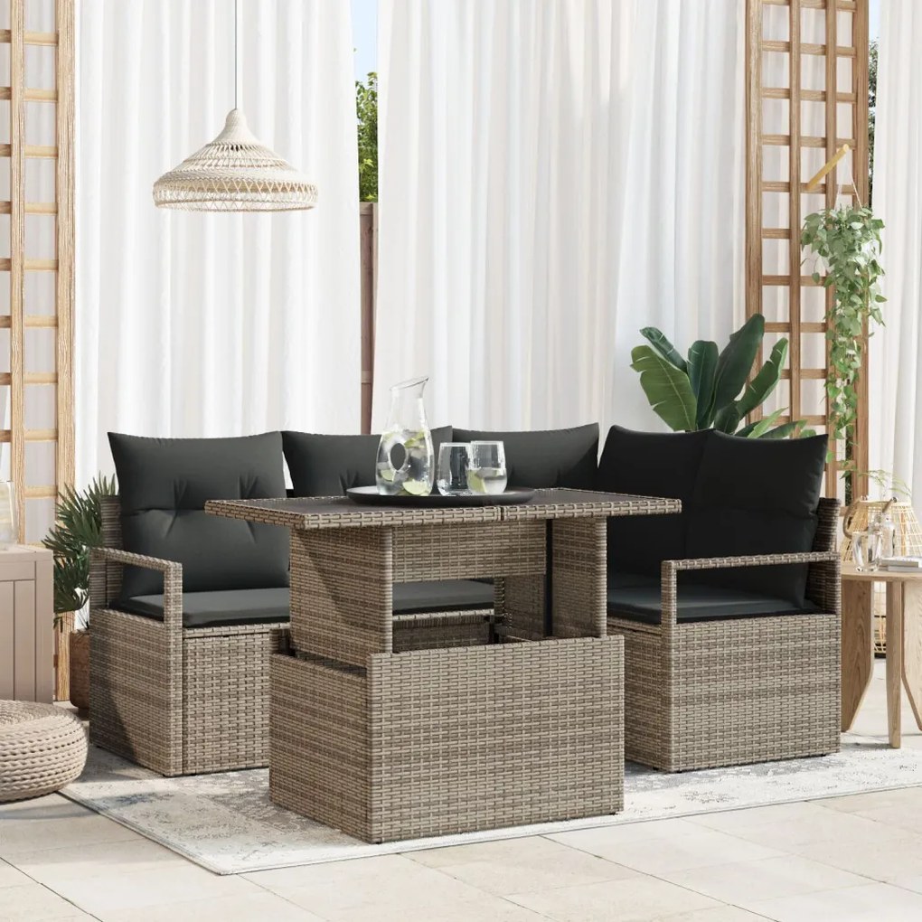 5 darabos szürke kerti kanapészett párnákkal Poli rattan, 2 személyes szürke kerti kanapé párnákkal Poli rattan