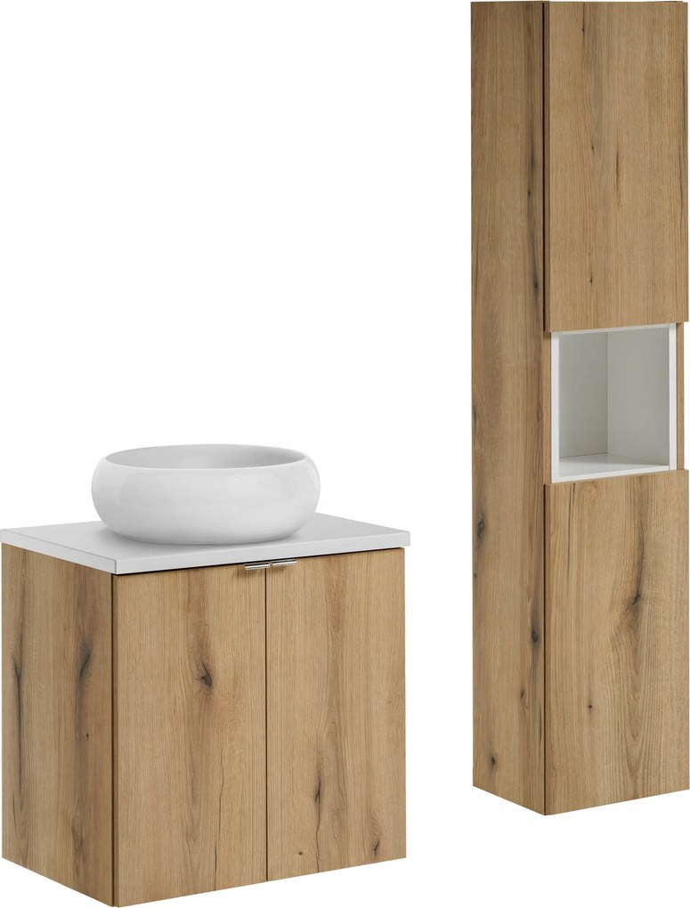 60cm-es bútorszett munkalappal, Wiki pultra szerelhető mosdóval és magas szekrénysel