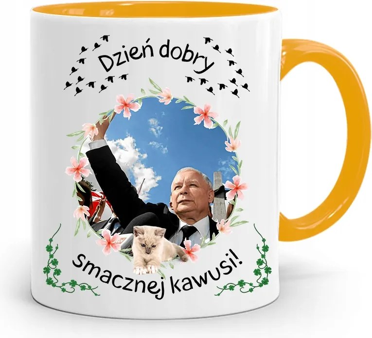 Sárga Vicces Bögre Jaroslaw Kaczynski felirattal, fényképpel