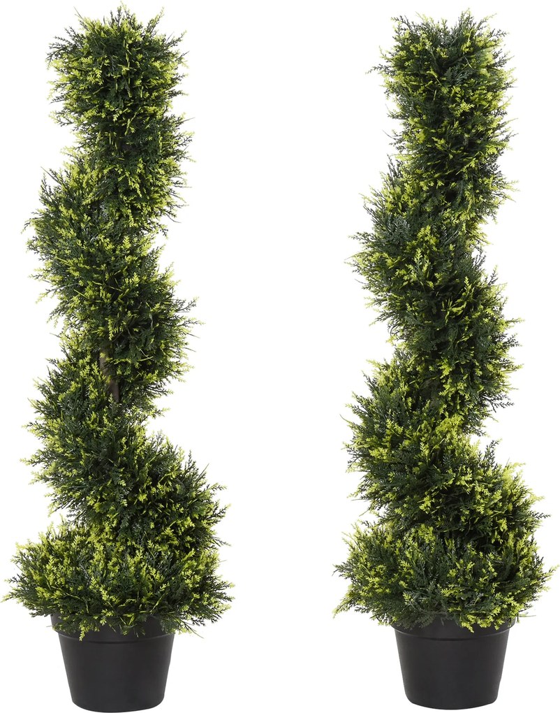 Outsunny 2 darab 90 cm-es nagy műanyag ciprusfa szett, műanyag ciprus növények cserépben, spirál alakú valósághű növény nappaliba, hálószobába, irodáb