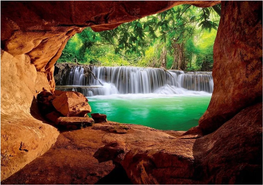 Fotótapéta Vízesés a barlangban türkiz vinil oázis 416x254 zöld +ragasztó