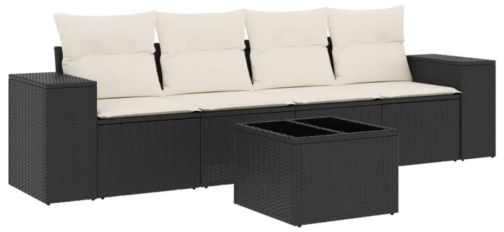 5 részes fekete polyrattan kerti kanapészett párnákkal