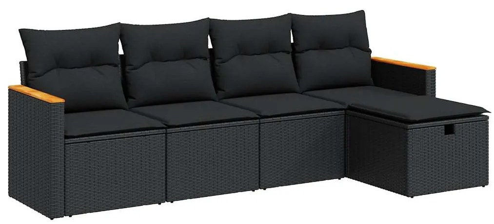 5 részes fekete polyrattan kerti kanapészett párnákkal