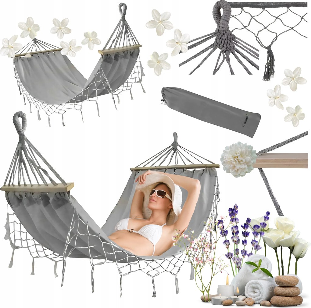 Kerti Függőágy Kétszemélyes XXL Gardlov 250KG Boho huzat Szürke