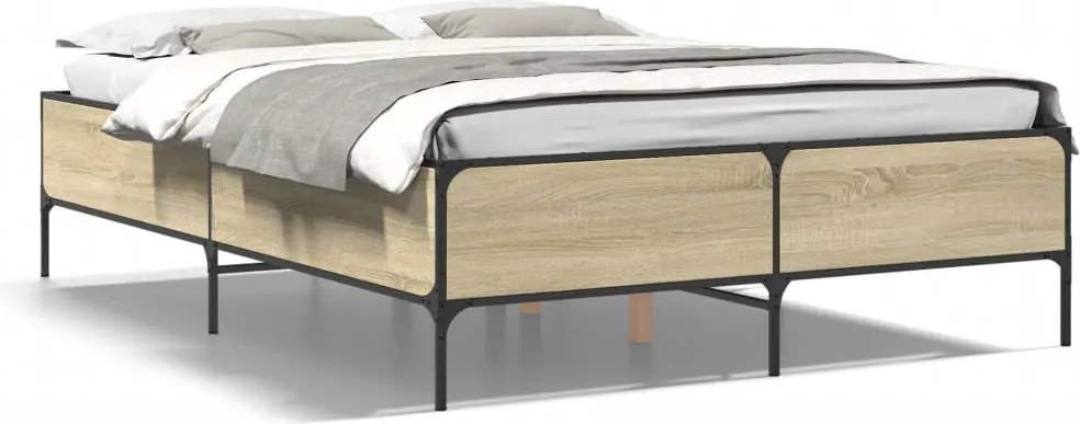 vidaXL sonoma tölgyszínű szerelt fa és fém ágykeret 120 x 190 cm
