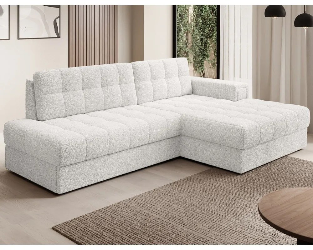 Krémszínű buklé kinyitható sarokkanapé (jobb oldali-heverő résszel) Blezalt – ELTAP