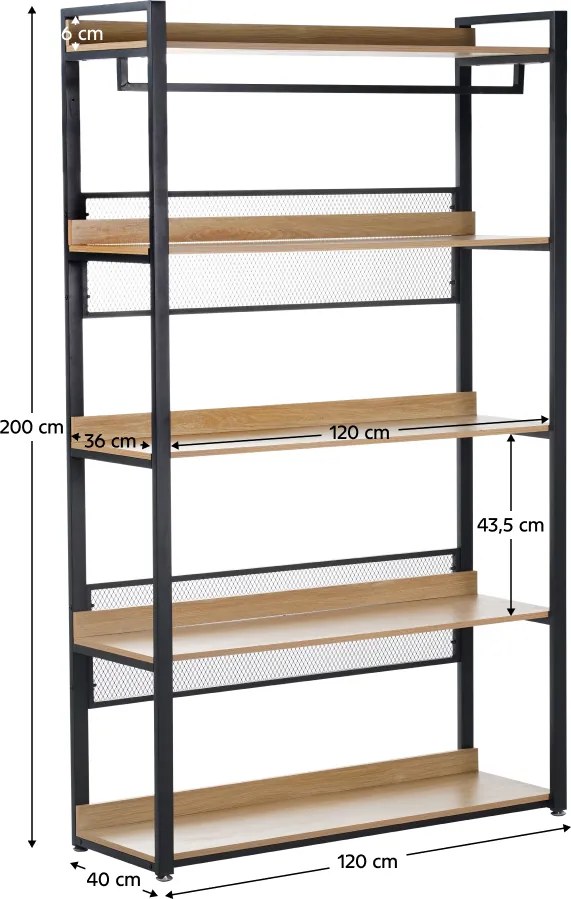 5 polcos állvány, tölgy/fekete, KILOS NEW TYP 3