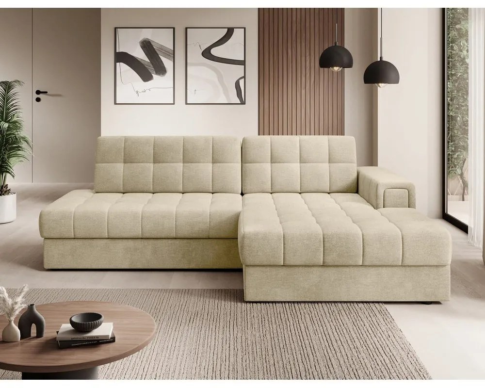 Világosbarna bársony kinyitható sarokkanapé (jobb oldali-heverő résszel) Blezalt – ELTAP