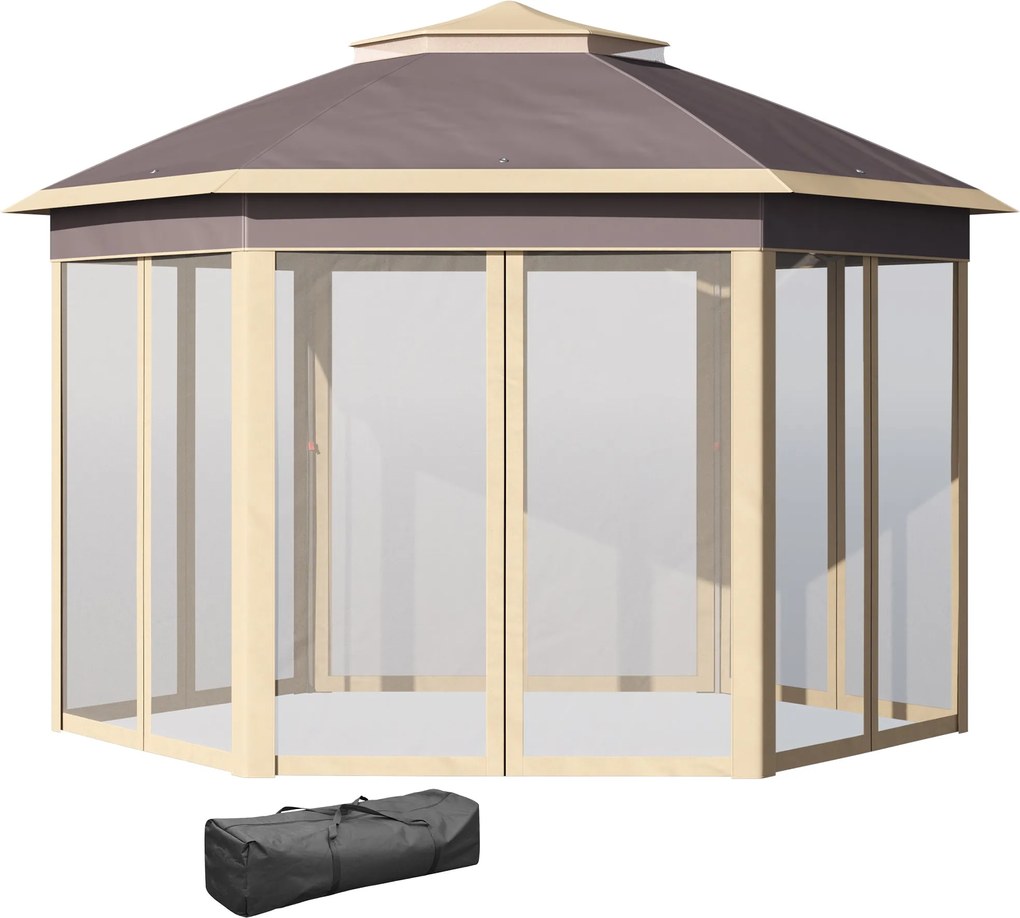 Outsunny Összecsukható Pavilon 4x3.4x2.85 m Hexagonális Kerti Napernyő Két Rétegű Tetővel 6 Levehető Szúnyoghálós Felszereléssel, 3-Szintben Állítható