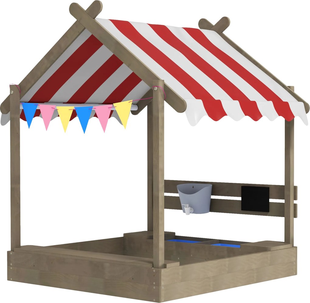 Outsunny Tetővel Ellátott Homokozó, Fa Homokozó Ülőhellyel, Játszóház, 124 x 116 x 146 cm Homokozó Fekete Táblával 3-7 Éves Gyerekeknek, Kert, Szürke