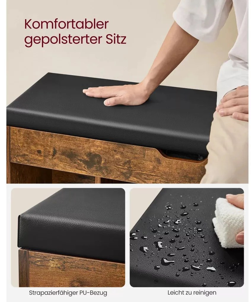 Cipőtároló pad, párnázott ülőfelülettel, felnyitható, rusztikus barna 100x30x44cm