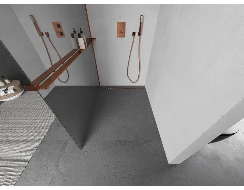 Mexen Kioto +, zuhany paraván polccal és törölközőtartóval 100 x 200 cm, 8 mm-es üvegmintás tükör, rózsa arany profil, 800-100-121-60-50